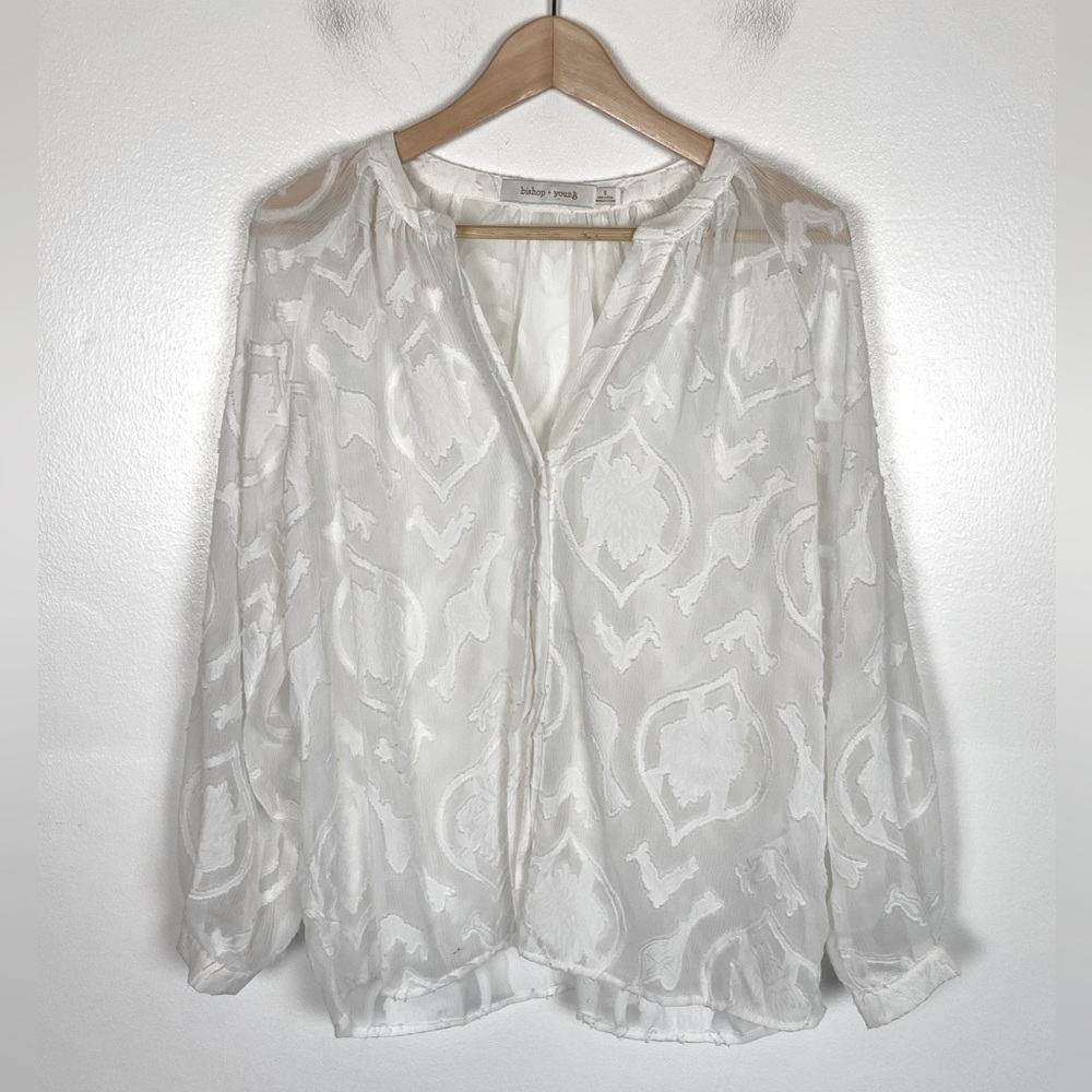 Bishop + Young Women's Sheer Top Size S White Long Sleeve Chiffon Puff Sleeve